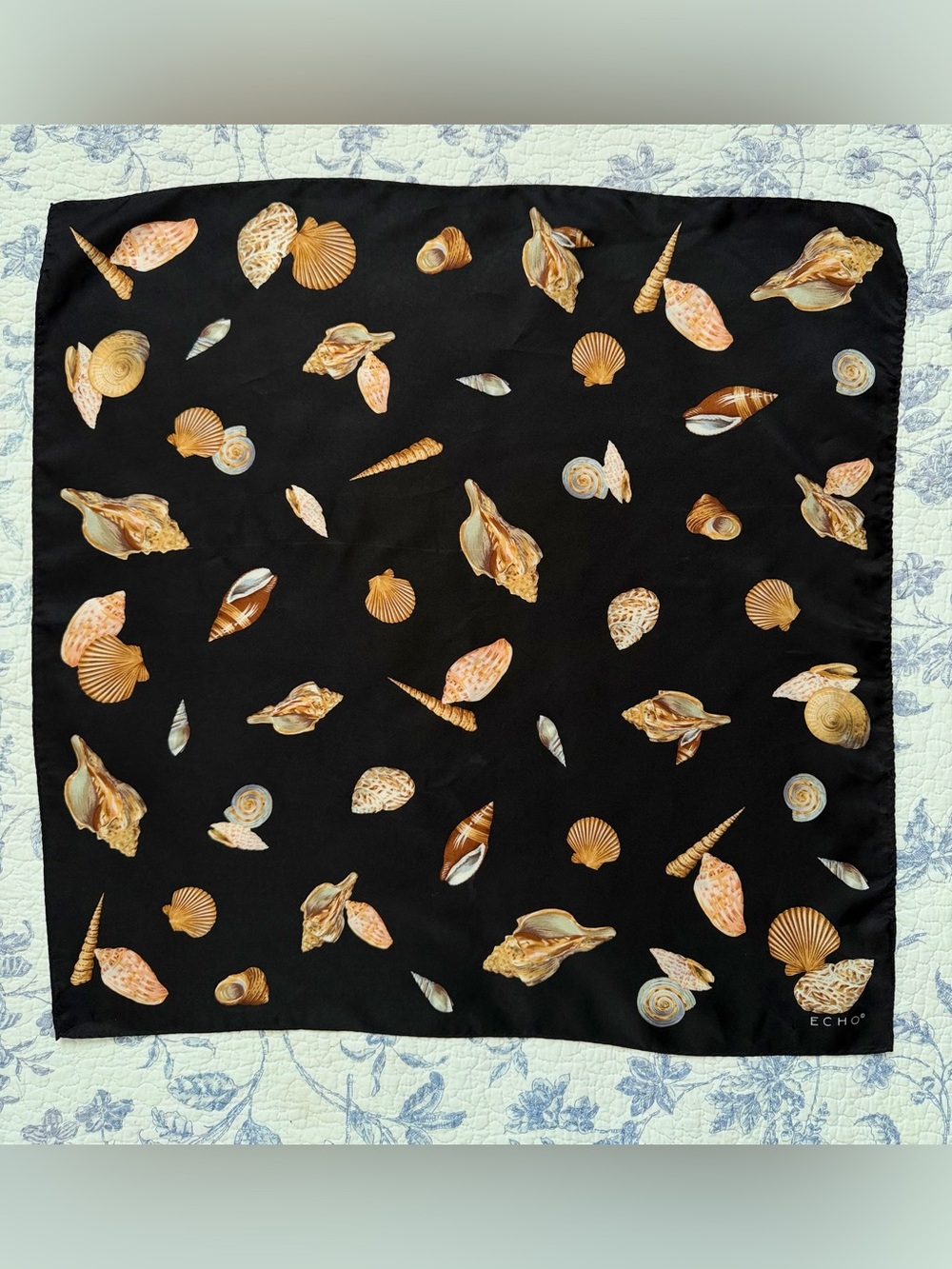 Echo Sea Treasures Silk Twill Square Scarf Black Seashell Bandana 21”